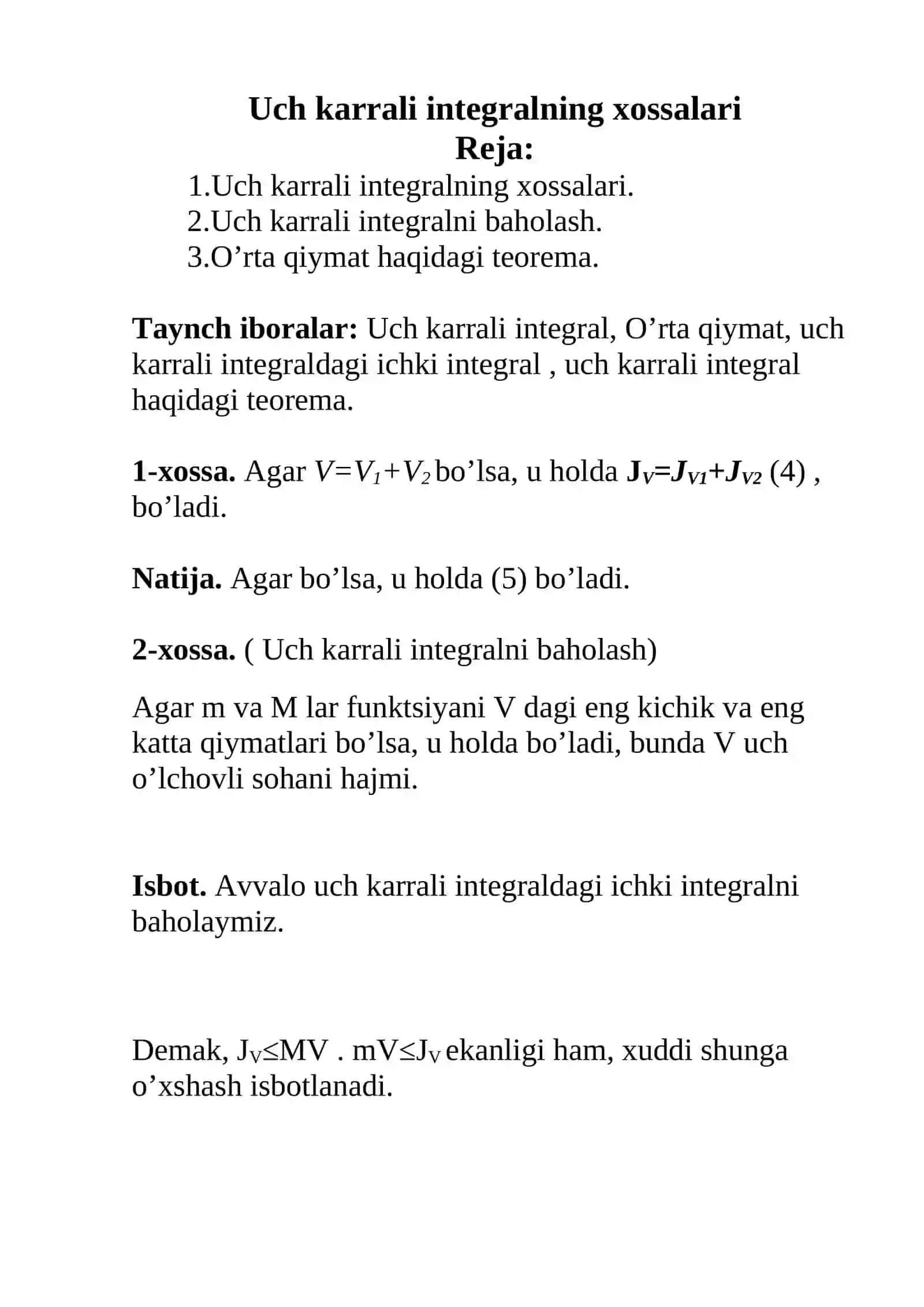 Matematika analizi: Uch karrali integralning xossalari 2