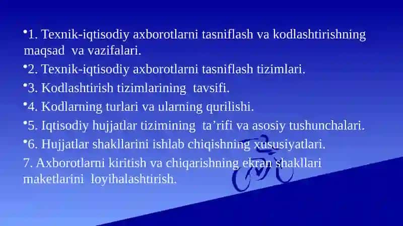 TЕXNIK-IQTISODIYAXBOROTLARKLASSIFIKATORLARIVA IQTISODIY HUJJATLAR TIZIMINI LOYIHALASHTIRISH 2
