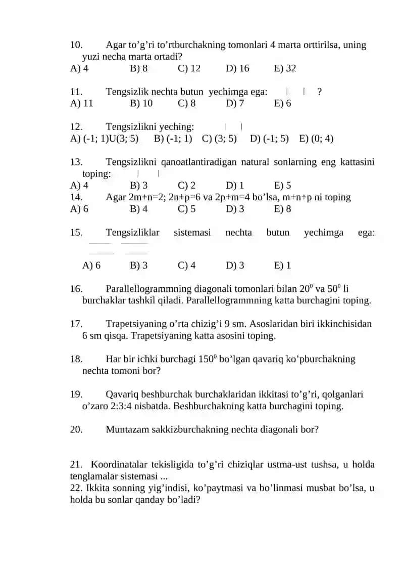 8-sinflar uchun matematika fandan test savollari 2