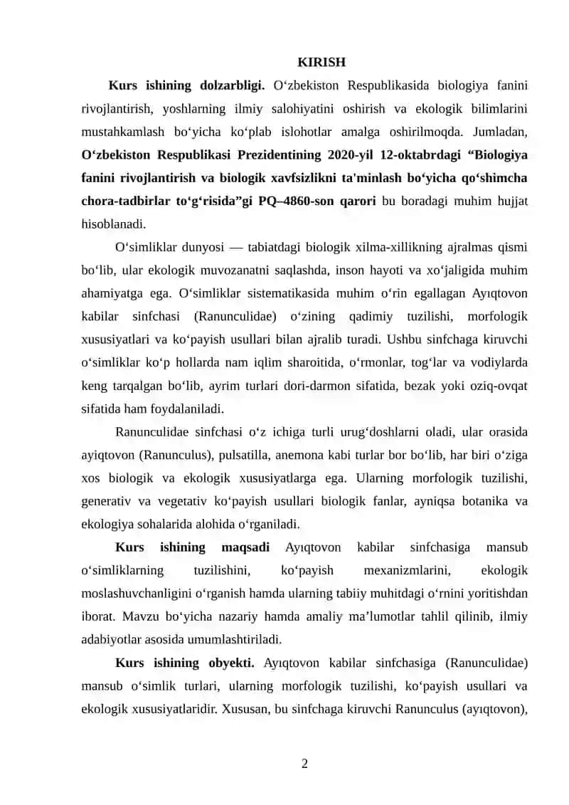 AYIQTOVON KABILAR SINFCHASI (RANUNCULIDAE) TUZULISHI VA KÒPAYISHI 2