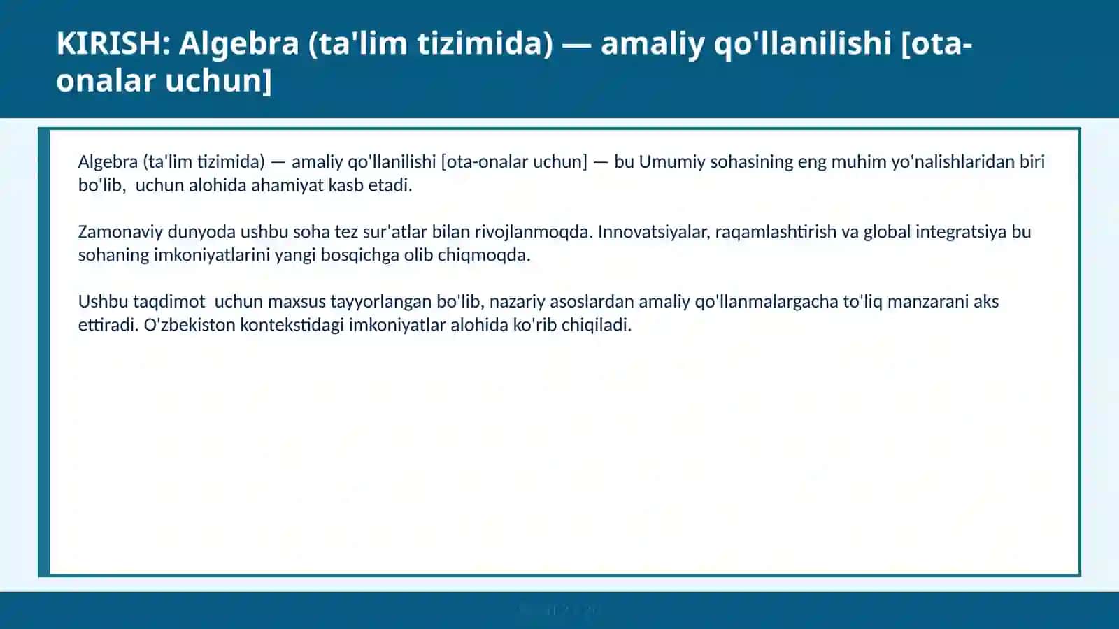 Algebra (ta'lim tizimida) — amaliy qo'llanilishi [ota-onalar uchun] 2