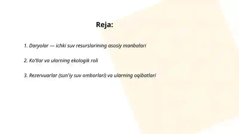 Ichki suv resurslarini asosiy manbalari va salbiy oqibatlari 2
