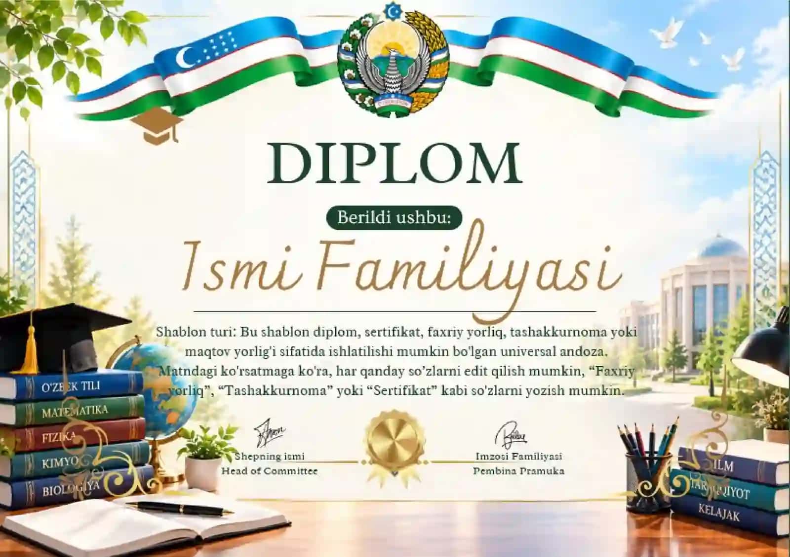 Shablon diplom, sertifikat, faxriy yorliq, tashakkurnoma yoki maqtov yorlig'i 2
