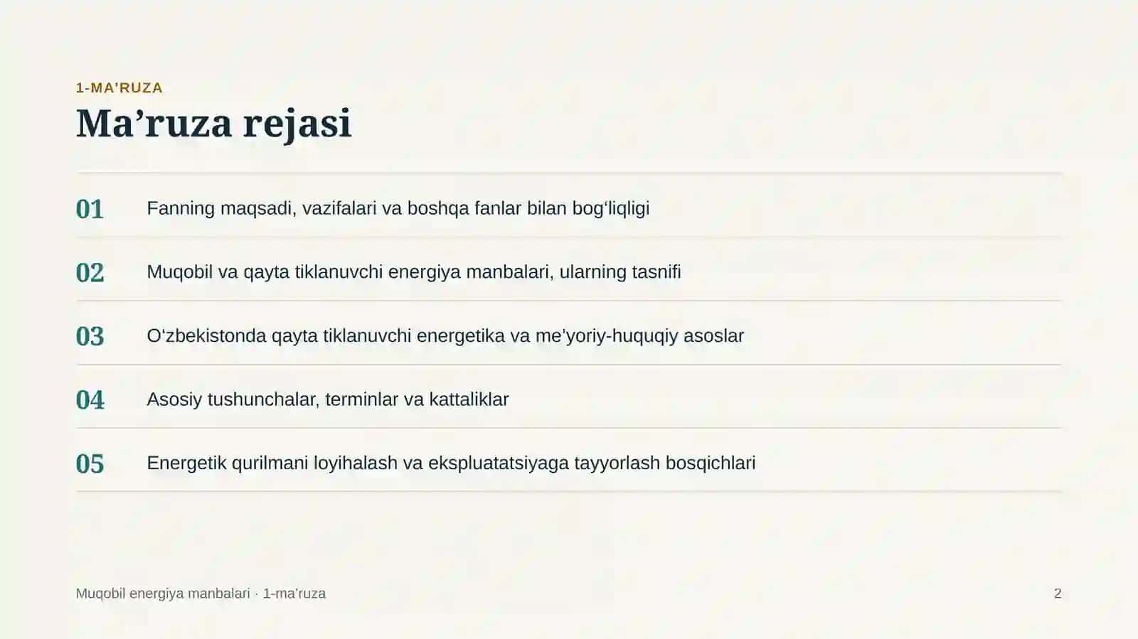 Muqobil energiya faniga kirish 2