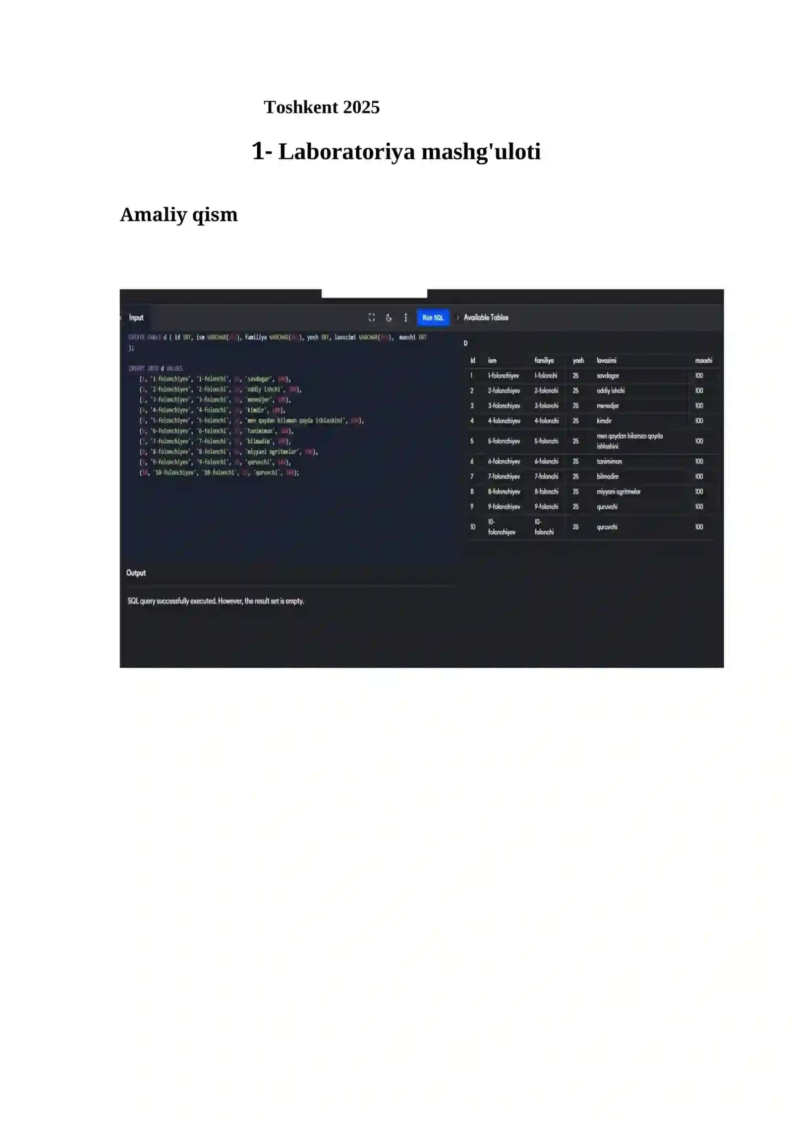 SQL Tilida Jadval Yaratish 2