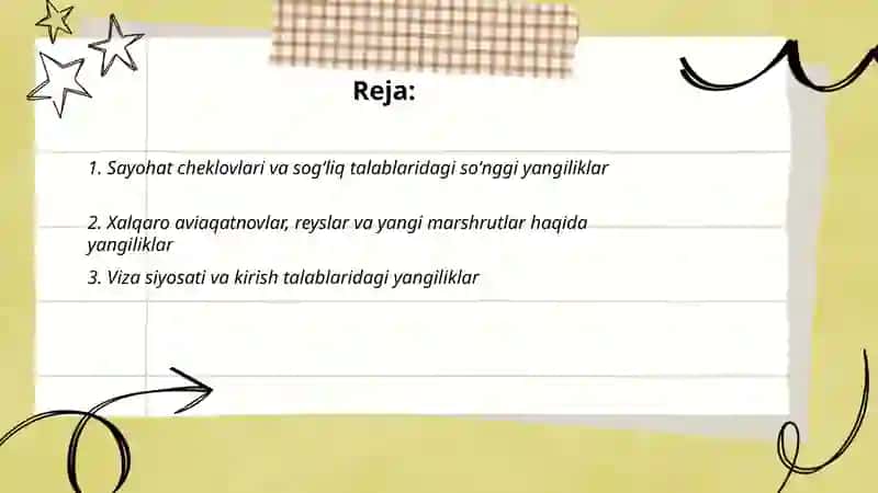 Sayohat cheklovlari va sogʻliq talablaridagi soʻnggi yangiliklar 2