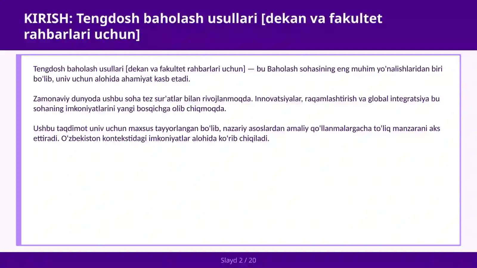Tengdosh baholash usullari [dekan va fakultet rahbarlari uchun] 2