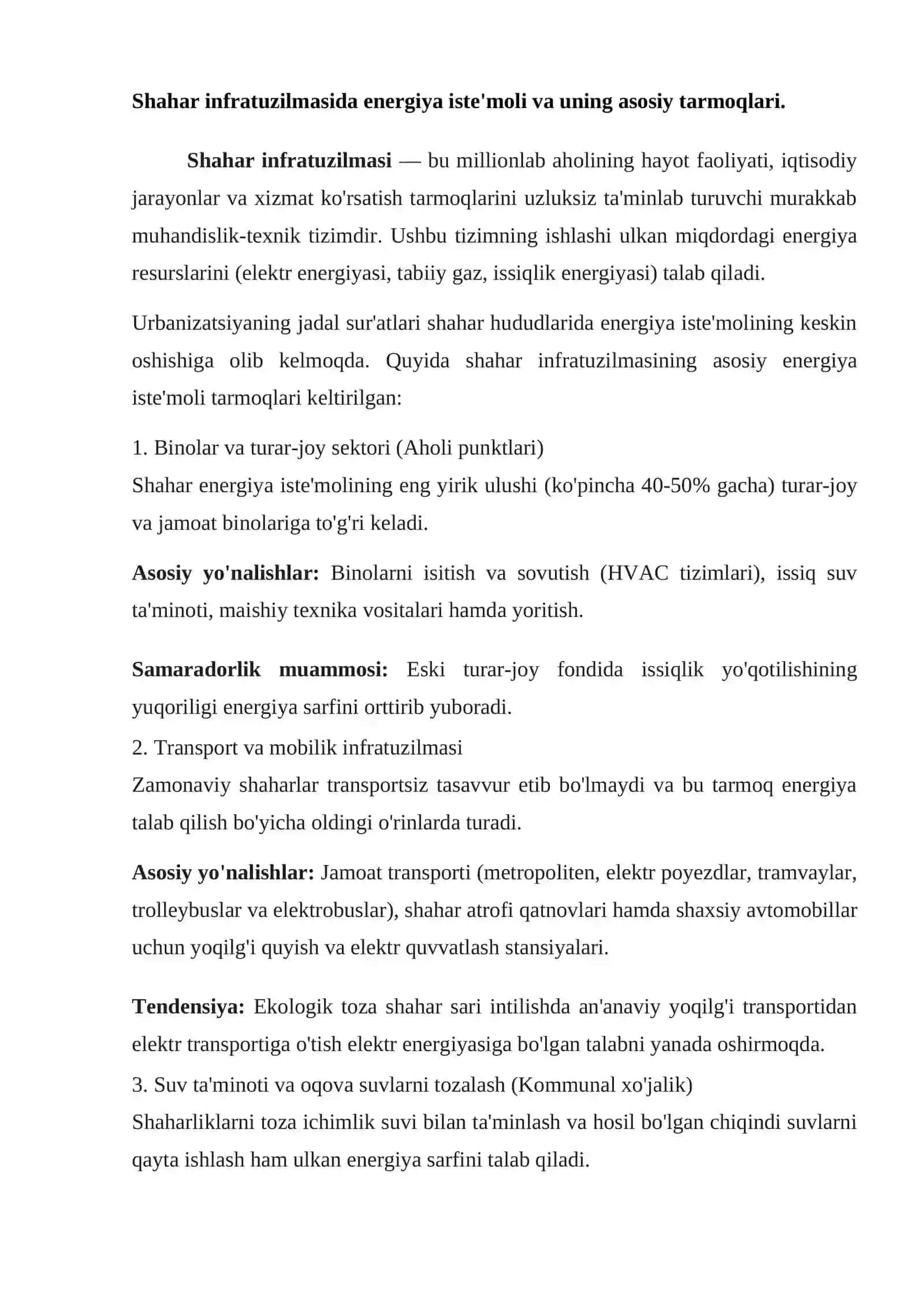 Shahar infratuzilmasida energosarflarni tejash usullari va texnologiyalari 2