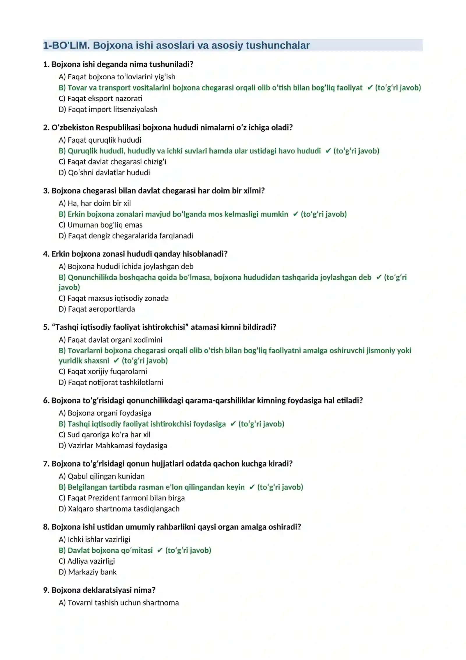 Bojxona test savollari yangi javoblari bilan 2