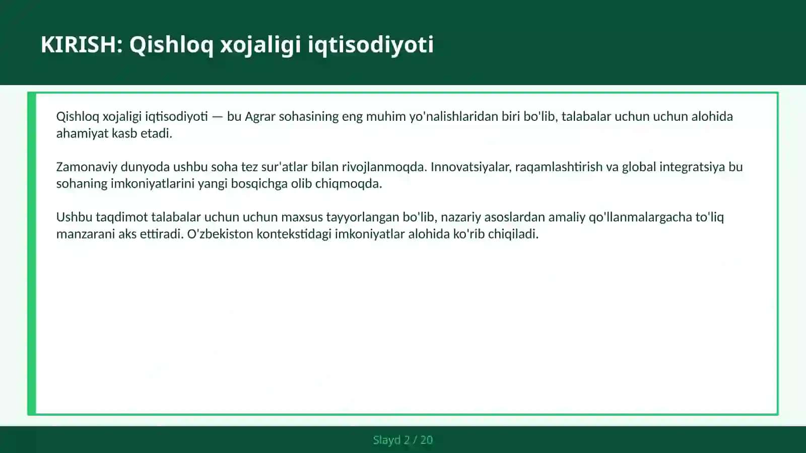 QISHLOQ XOJALIGI IQTISODIYOTI 2