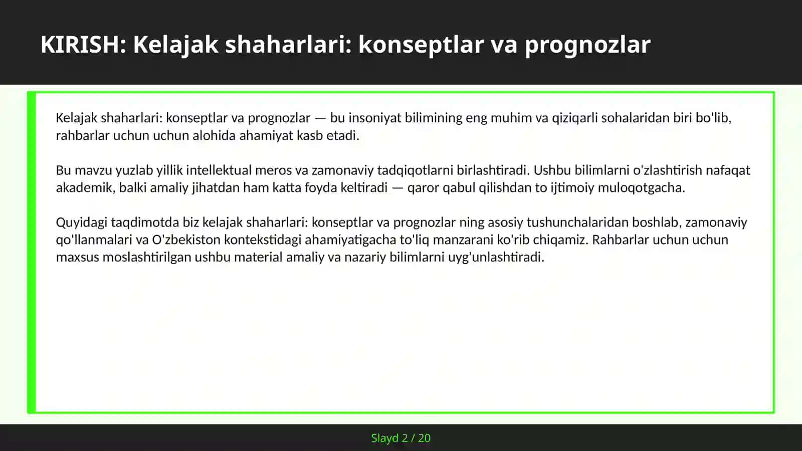 Kelajak shaharlari: konseptlar va prognozlar 2