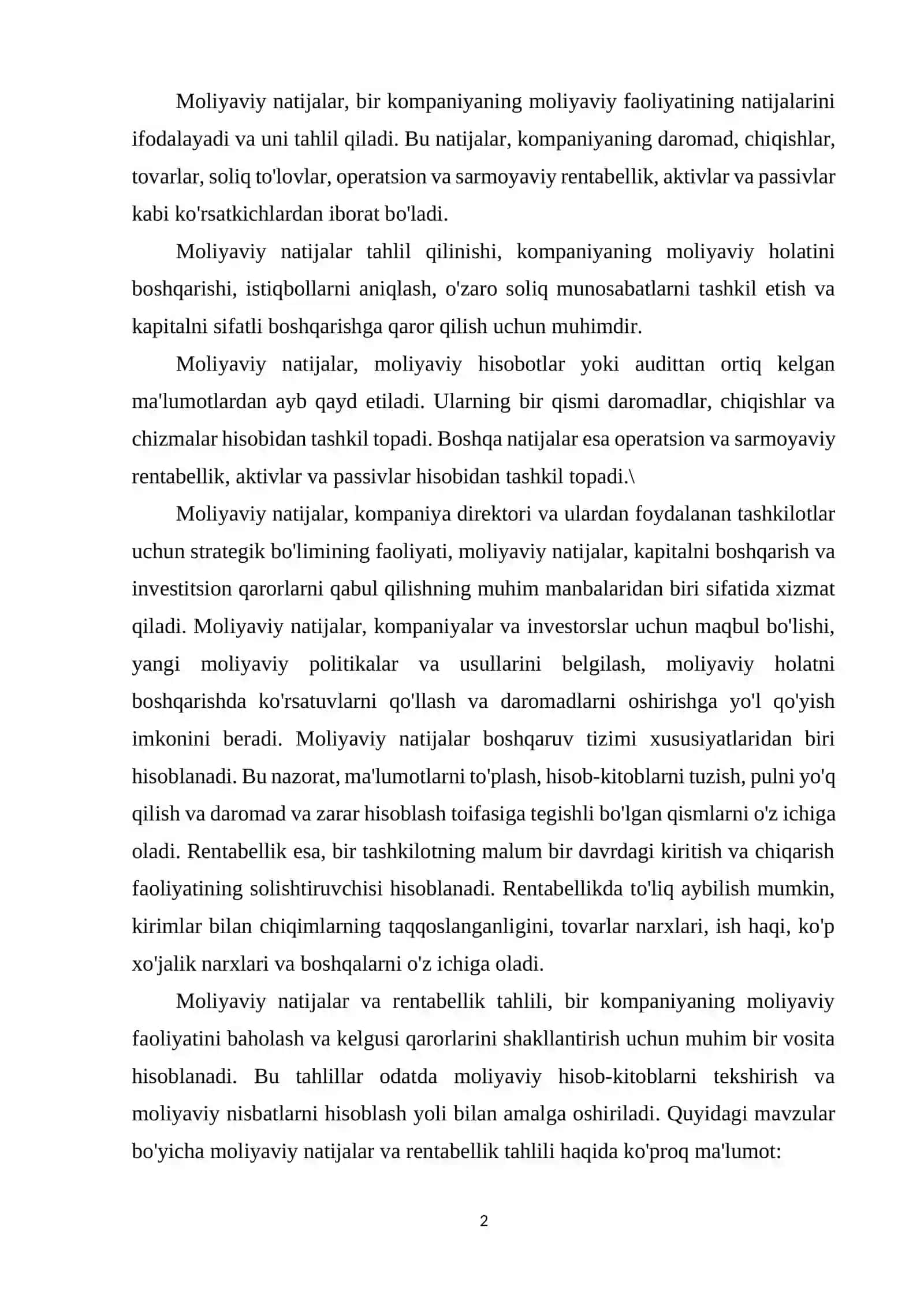 Moliyaviy natijalar va rentabellik tahlili 2