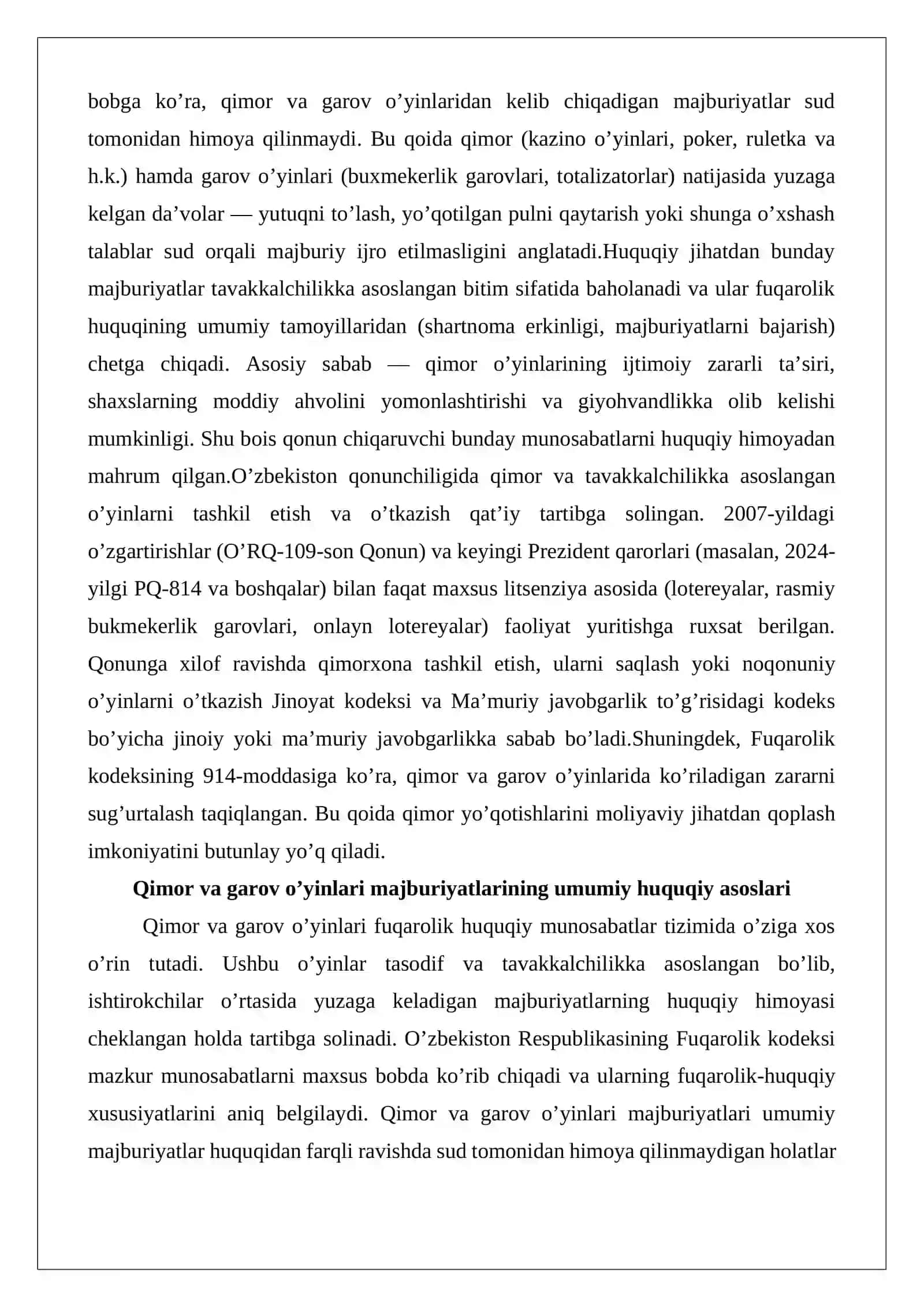 Qimor va garov o’yinlaridan kelib chiqadigan majburiyatlarning huquqiy xususiyatlari 2