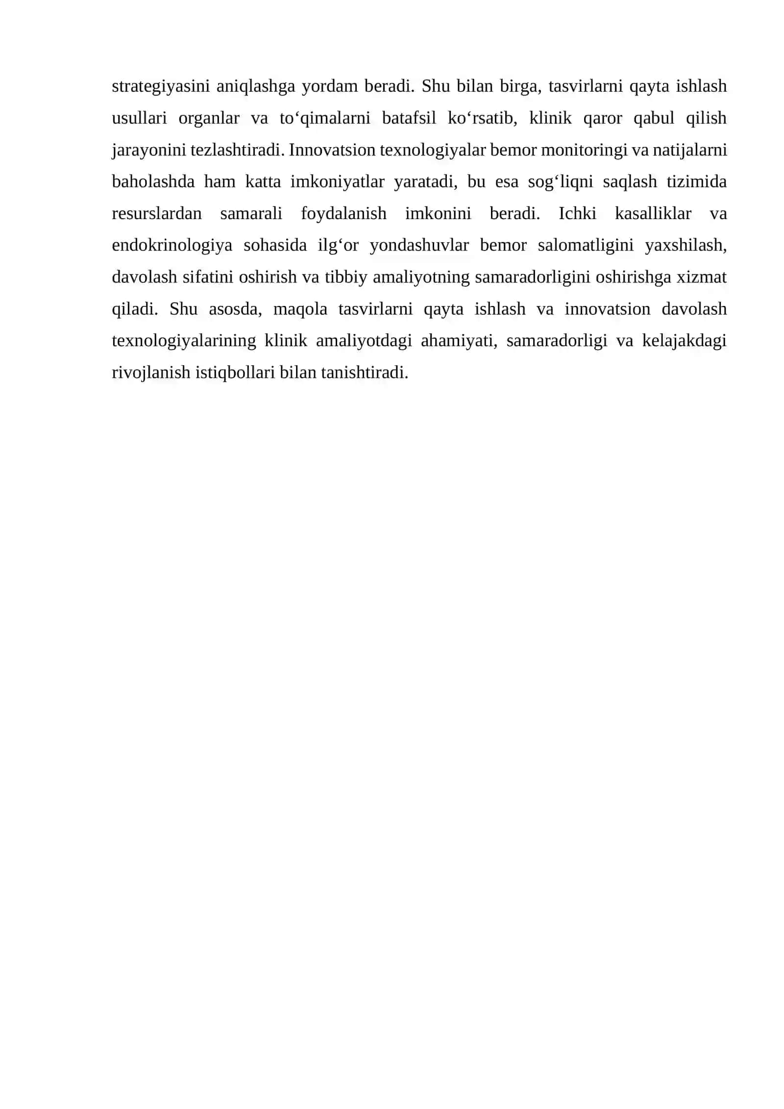 TASVIRLARNI QAYTA ISHLASH, MEDIKAL ANALITIKA VA INNOVATSION DAVOLASH TEXNOLOGIYALARI ORQALI ICHKI KASALLIKLAR VA ENDOKRINOLOGIYADA SAMARADORLIK VA NATIJALARNI OSHIRISH 2