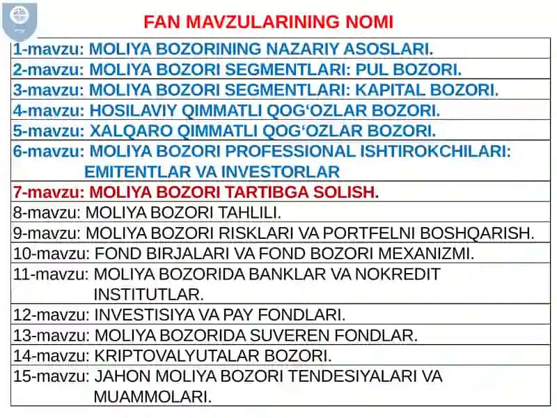 MOLIYA BOZORI TARTIBGA SOLISH 2