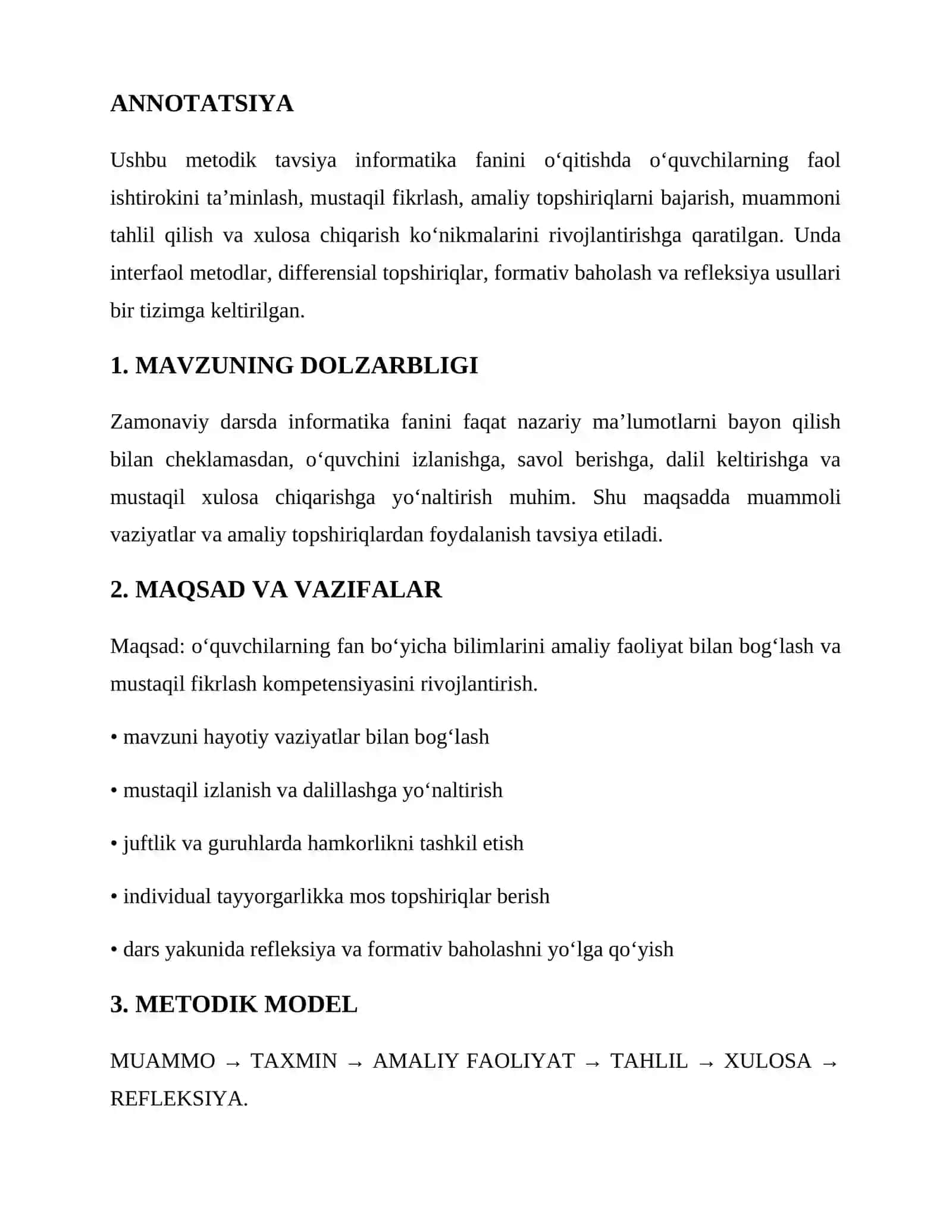 ILG‘OR PEDAGOGIK TAJRIBANI OMMALASHTIRISH UCHUN METODIK TAVSIYA 2