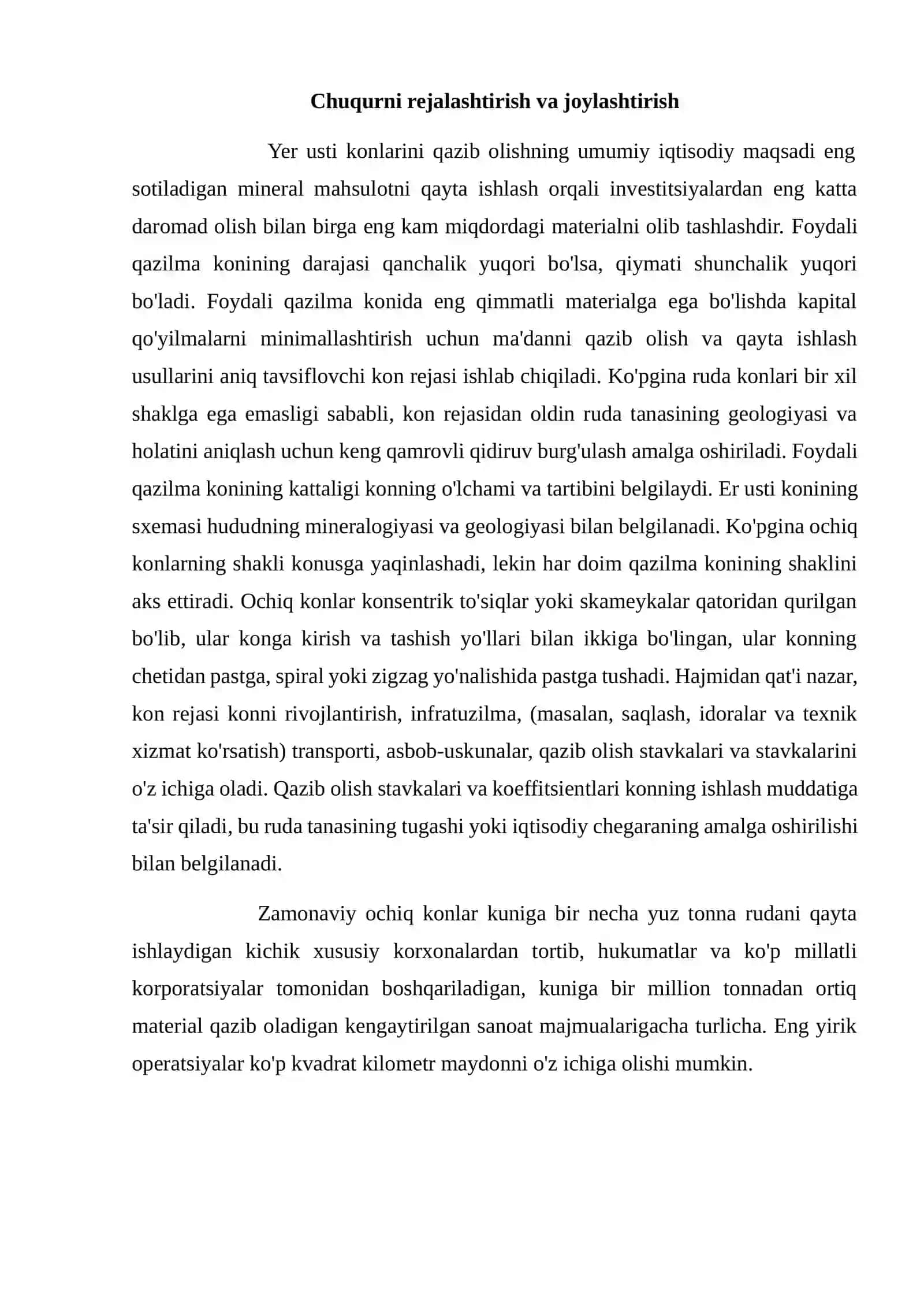 Foydali qazilma konlarini yer osti usulida qazib olishning o’ziga xos xususiyatlari 2