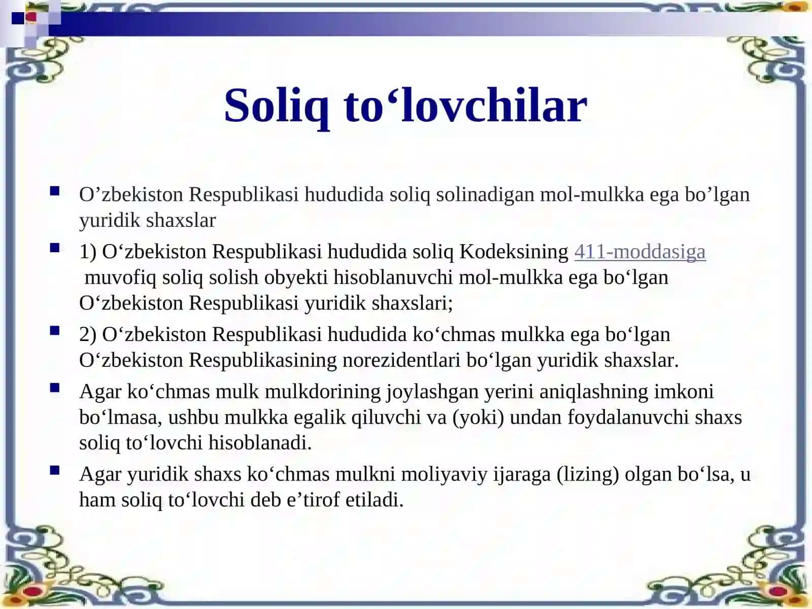 Taqdimot Yuridik shaxslarning mol-mulkiga solinadigan soliq. Yuridik shaxslardan olinadigan yer solig’i 2