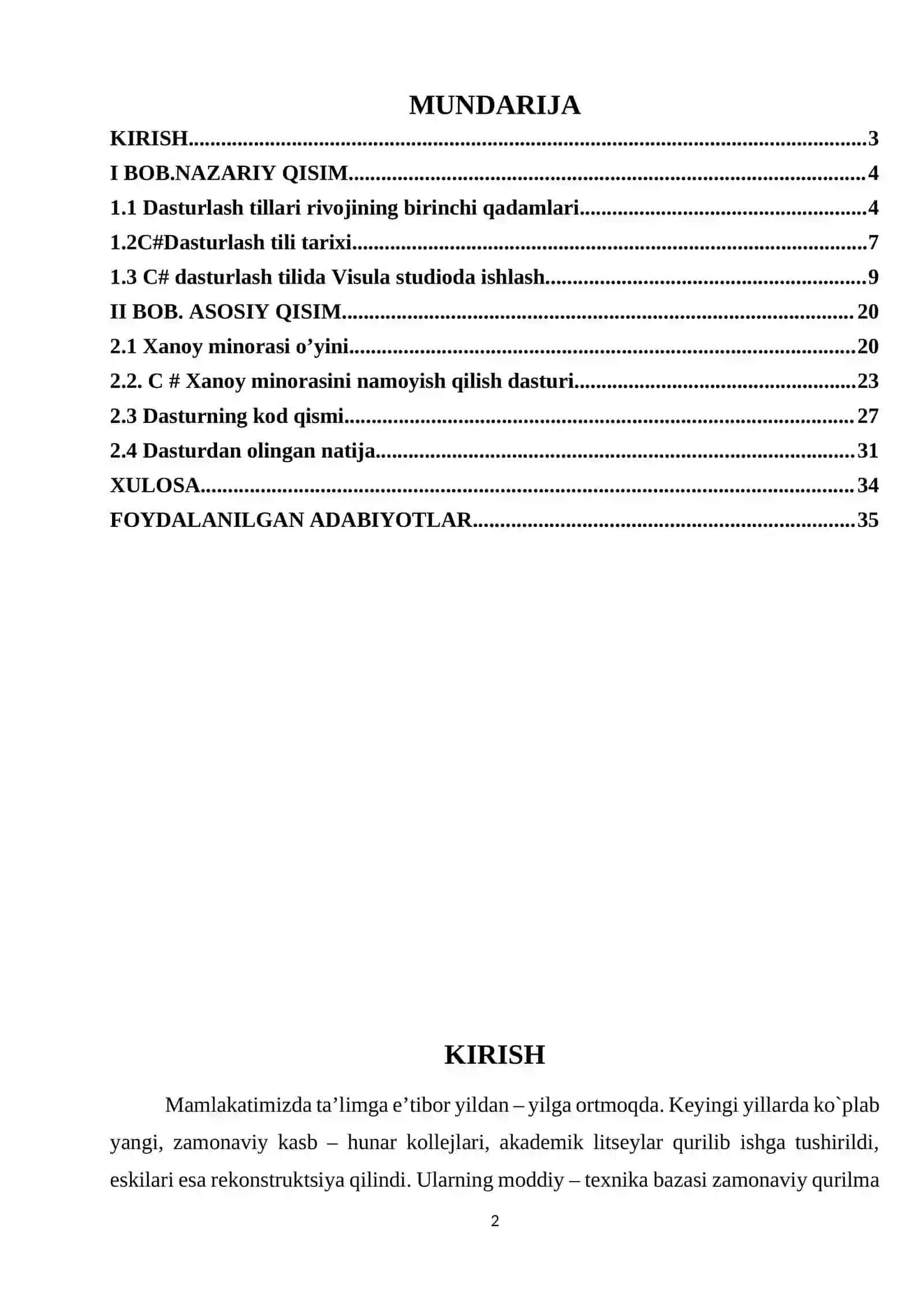 Xanoy minorasi o’yini dasturini yaratish 2