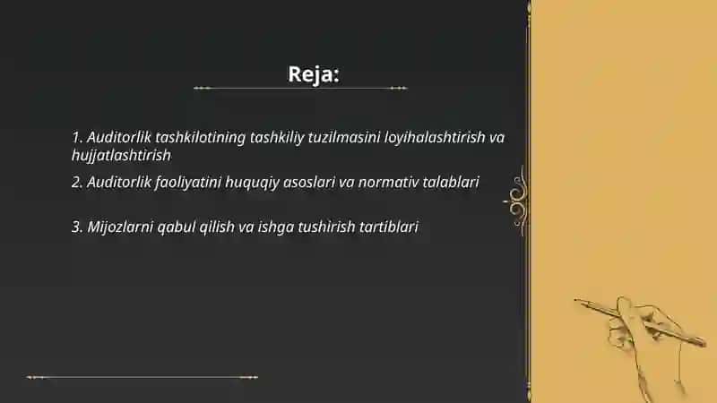 Auditorlik tashkilotlari va axborot-maslahat xizmatlarini ko‘rsatuvchi sub’ektlar faoliyatini tashkil etish.( Loyiha ishi tayyorlash, taqdimot va slaydlar) 2