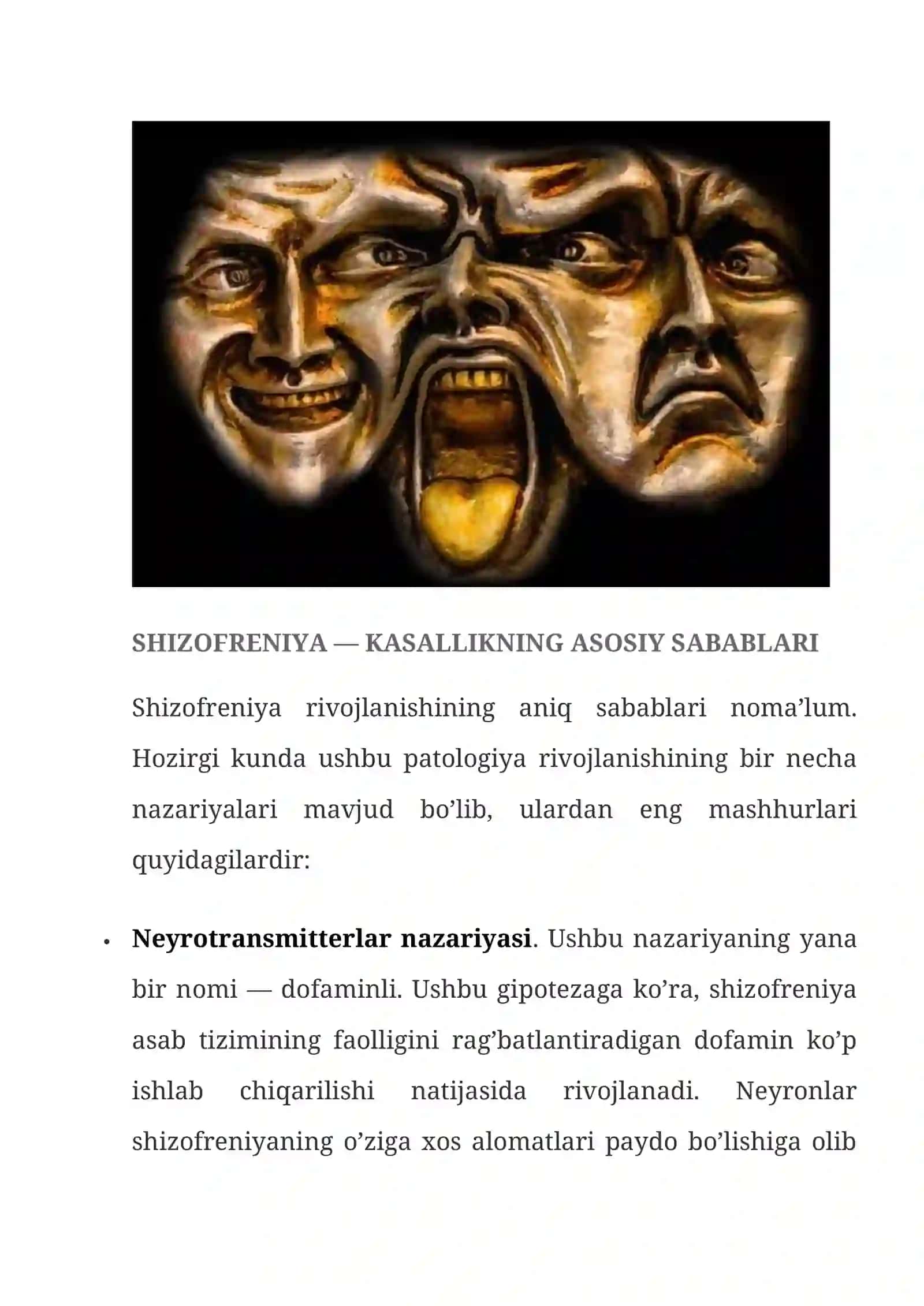 SHIZOFRENIYA — RIVOJLANISHI SABABLARI, TASNIFI, ALOMATLARI, DAVOLASH, TASHXISLASH 2