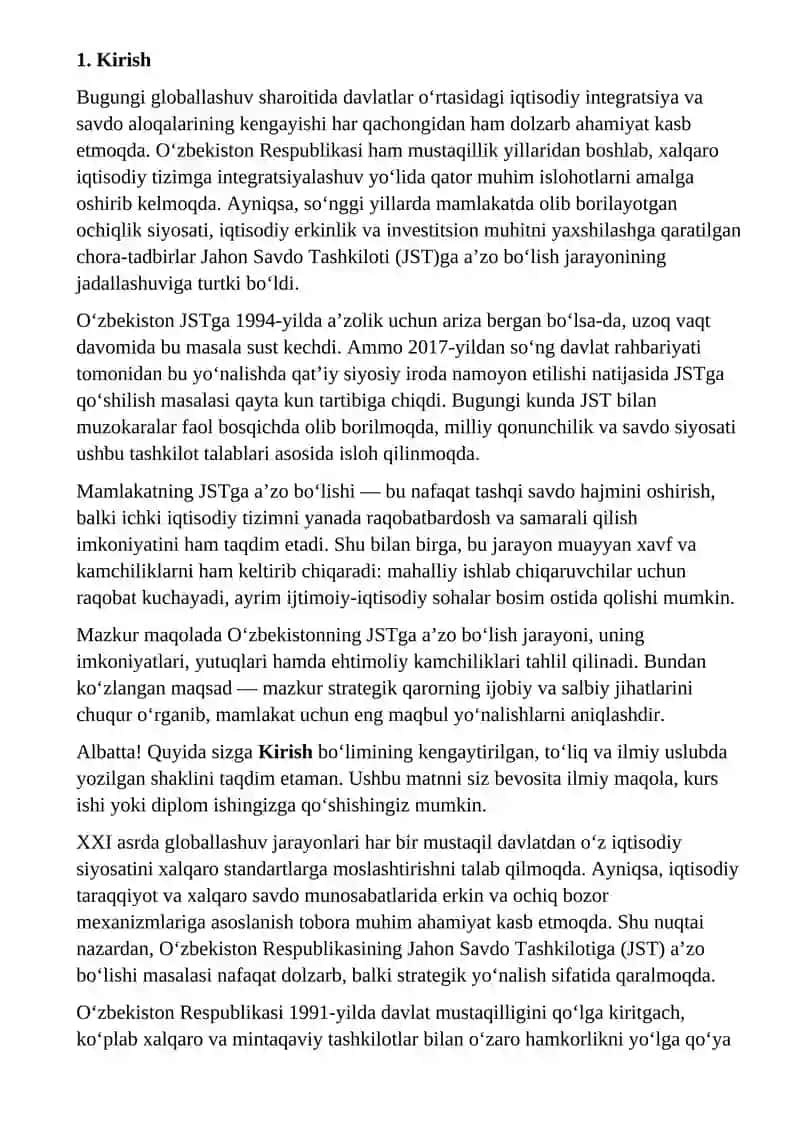 O'zbekiston Respublikasi jahon savdo tashkilotiga a'zo bo'lishi va tahliliy xulosasi, yutuqlari va kamchiliklari 2