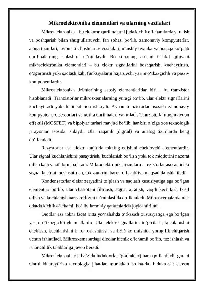 Mikroelektronika elementlari. Mikrosxemalar va ularning turlari. Integral mikrosxemalar texnologiyasi haqida tushuncha 2