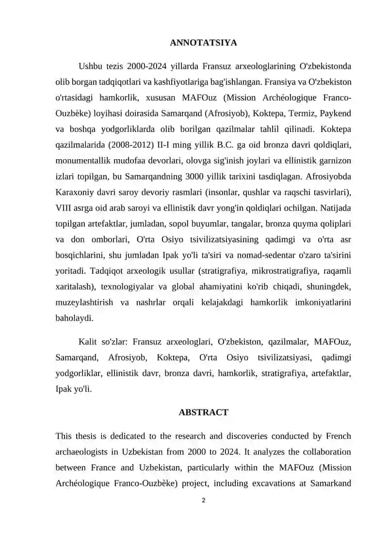 "Fransuz arxeologlari O'zbekistonda (2000-2024 yy.)" mavzusi 2