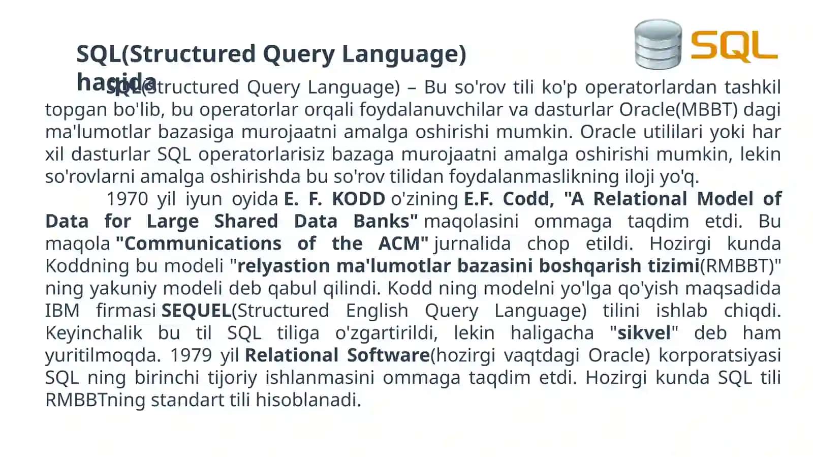 SQL(Structured Query Language) haqida 2