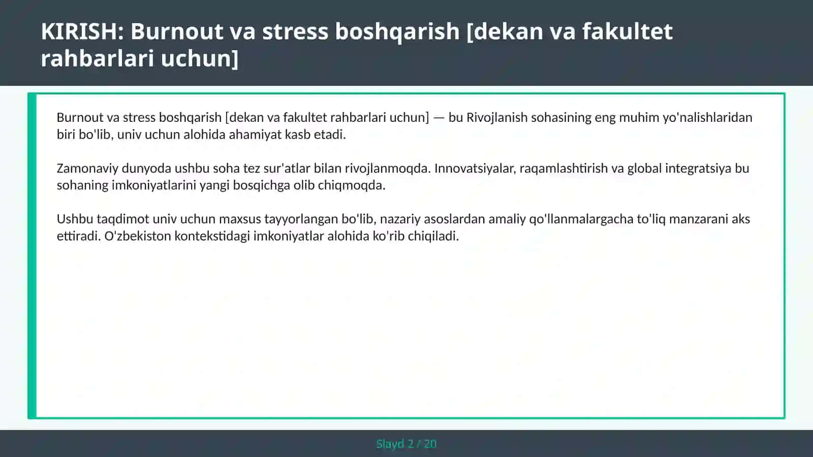 Burnout va stress boshqarish [dekan va fakultet rahbarlari uchun] 2