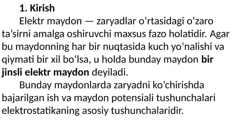 BIR JINSLI ELEKTR MAYDONIDA ZARYADNI KO'CHIRISHDA BAJARILGAN ISH.ELEKTROSTATIK MAYDON KUCHLANGANLIK VEKTORINING SIRKULYATSIYASI.MAYDON POTENSIALI.ZARYADLARNING POTENSIAL MAYDONI VA ENERGIYASI.ELEKTR MAYDON KUCHLANGANLIGI VA POTENSIAL ORASIDAGI BOG'LANISH 2