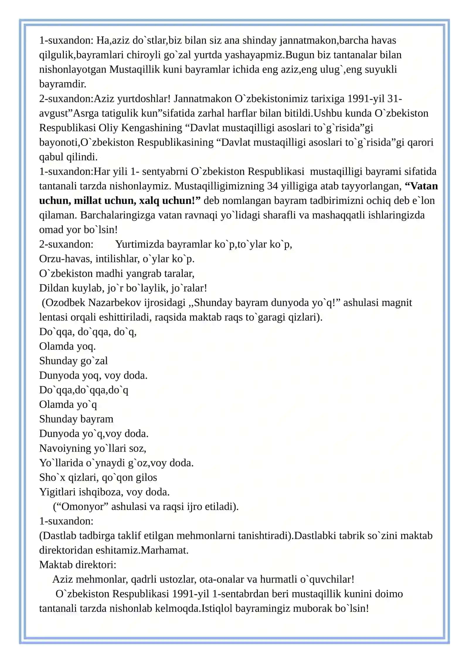 1-Sentyabr mustaqillik tadbir ssenariysi 2