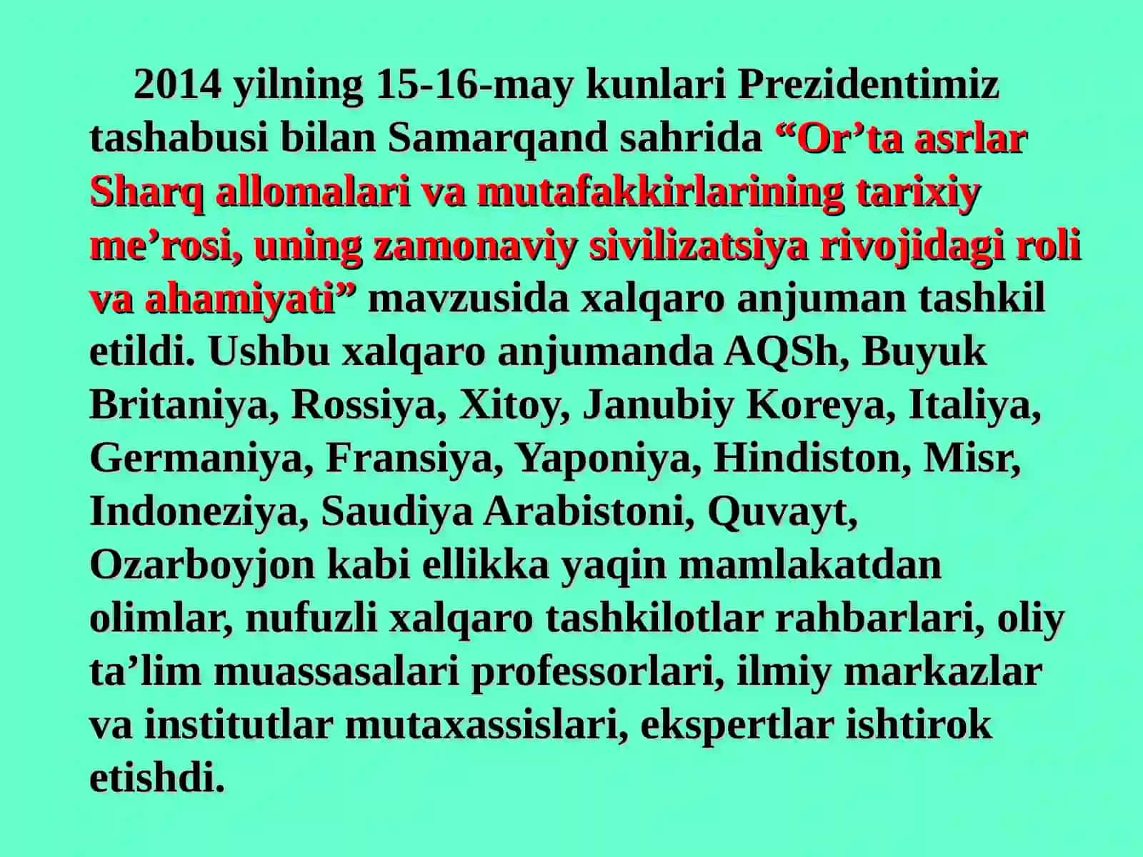 Or’ta asrlar Sharq allomalari va mutafakkirlarining tarixiy me’rosi, uning zamonaviy sivilizatsiya rivojidagi roli va ahamiyati 2