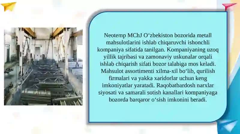 Mashina va uskunalardan tashqari tayyor metall buyumlar ishlab chiqarish marketingi (Neotemp MChJ misolida) 2