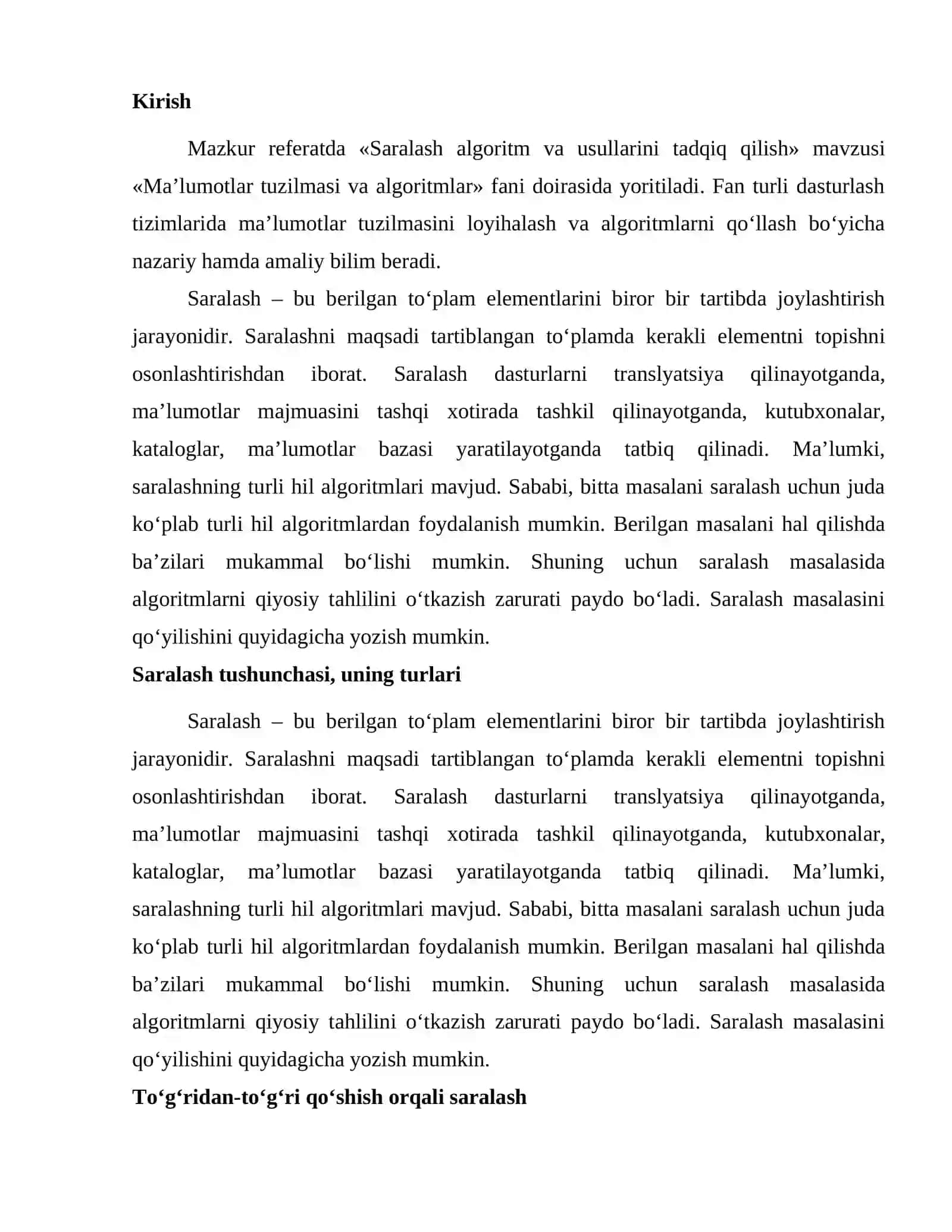 Saralash algoritm va usullarini tadqiq qilish 2