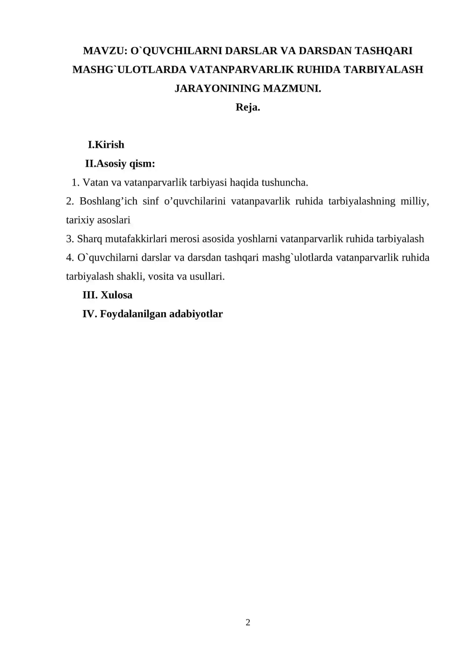 O`QUVCHILARNI DARSLAR VA DARSDAN TASHQARI MASHG`ULOTLARDA VATANPARVARLIK RUHIDA TARBIYALASH JARAYONINING MAZMUNI 2