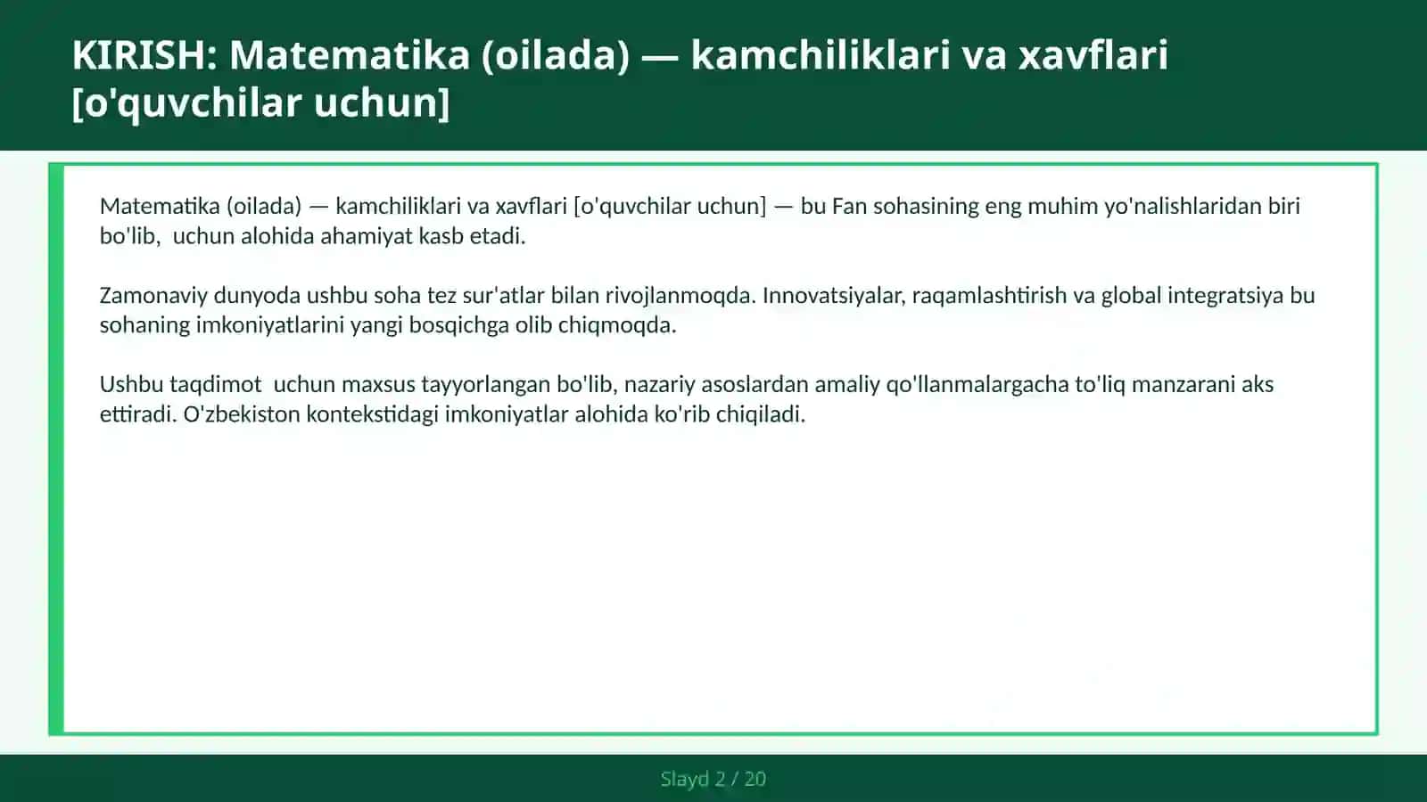 Matematika (OILADA) — KAMCHILIKLARI VA XAVFLARI [O'QUVCHILAR UCHUN] 2