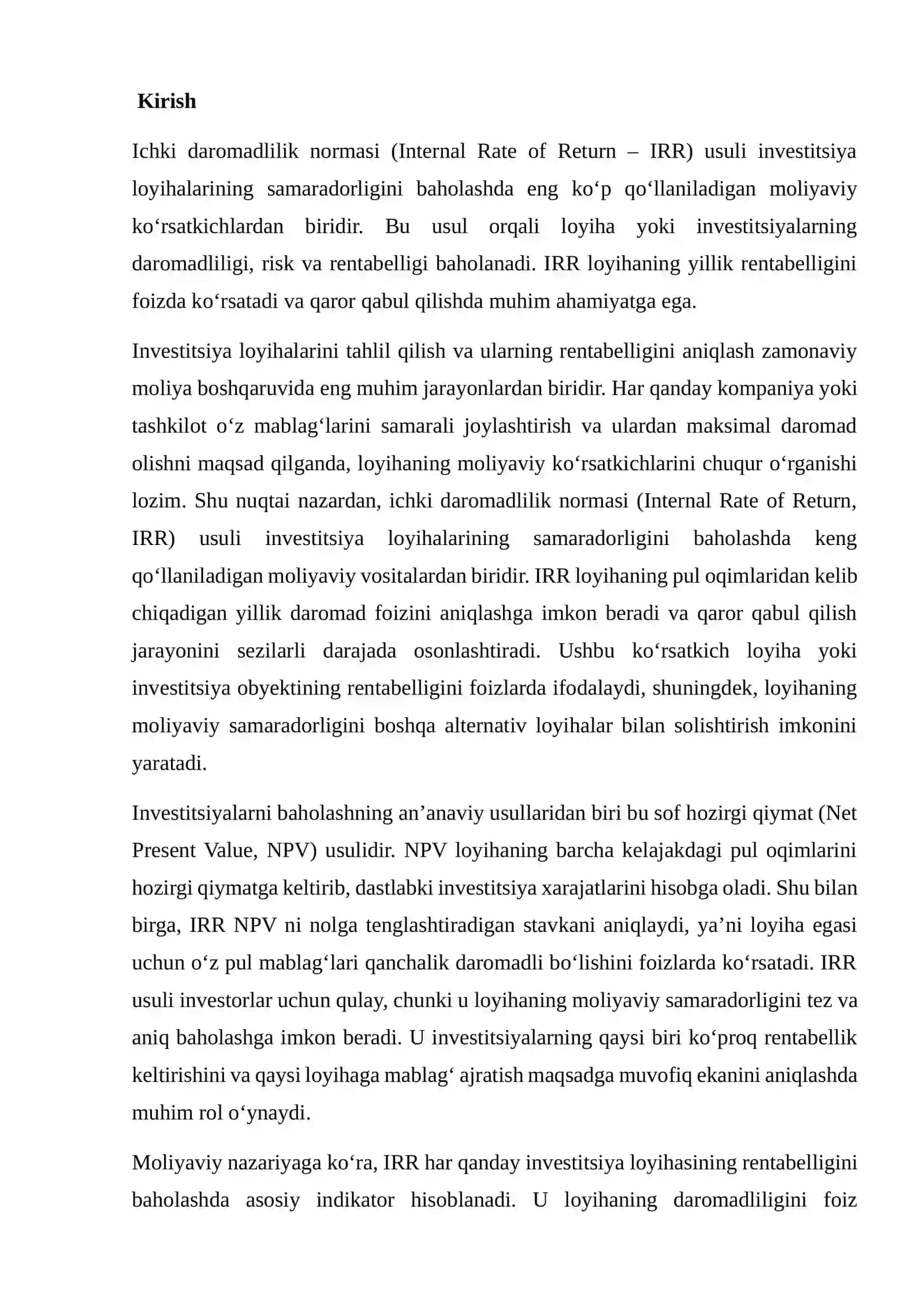 Ichki daromadlilik normasi (IRR) usuli 2