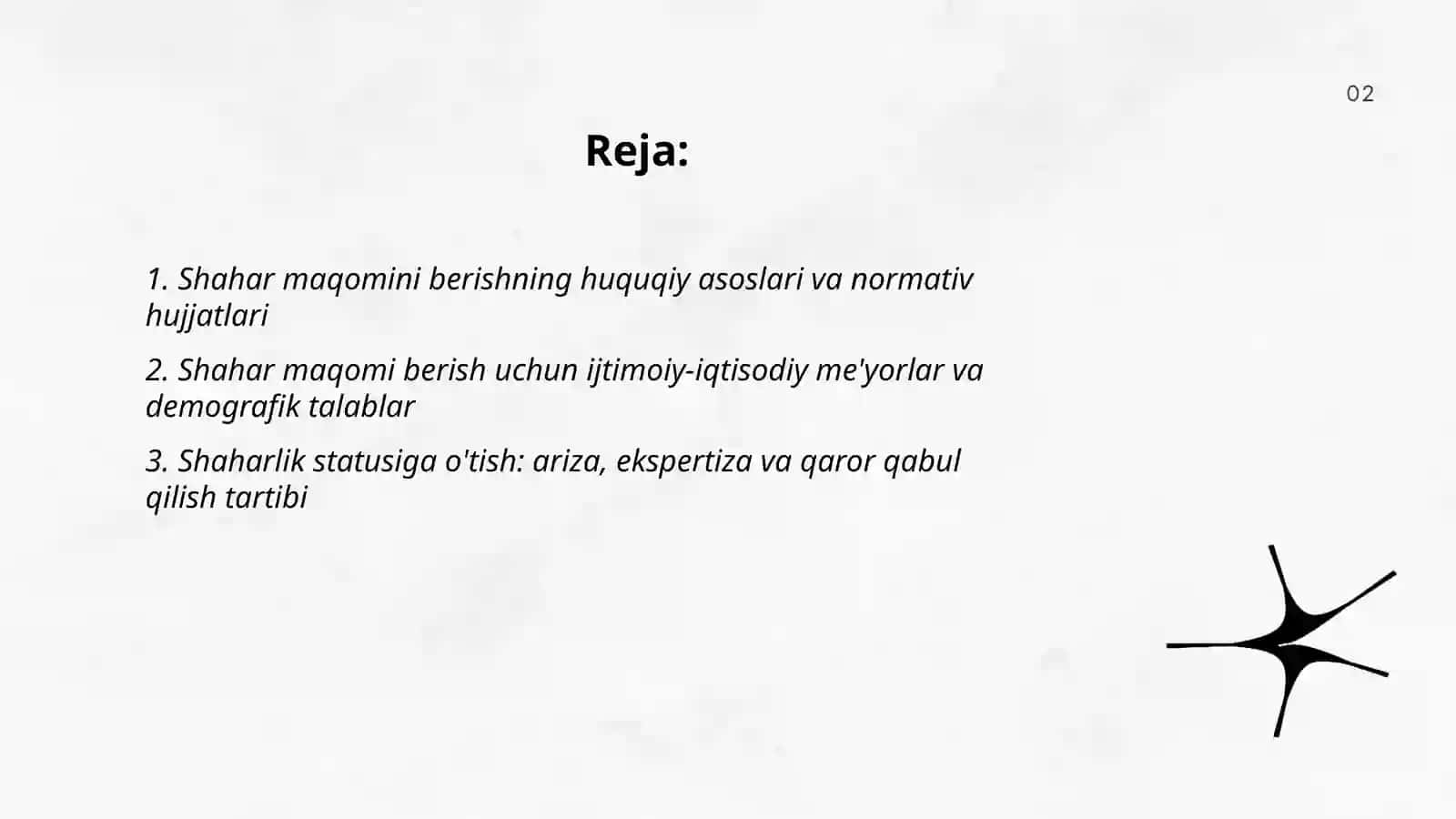 Shahar maqomi berish tartibi, ma‘muriy-hududiy birliklarni tashkil etish va tugatish tartibi by Hulkar Normamatova 2