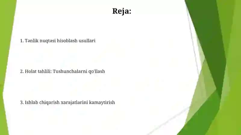 Ishlab chiqarish xarajatlarini minimallashtirish shartlari va korxonaning zararsiz ishlash nuqtasini hisoblash yo‘llari 2