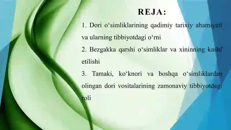 Qadimgi va zamonaviy dori vositalari sifatida oʻsimliklar - bezgak va xinin, tamaki, koʻknori va boshqalar 2