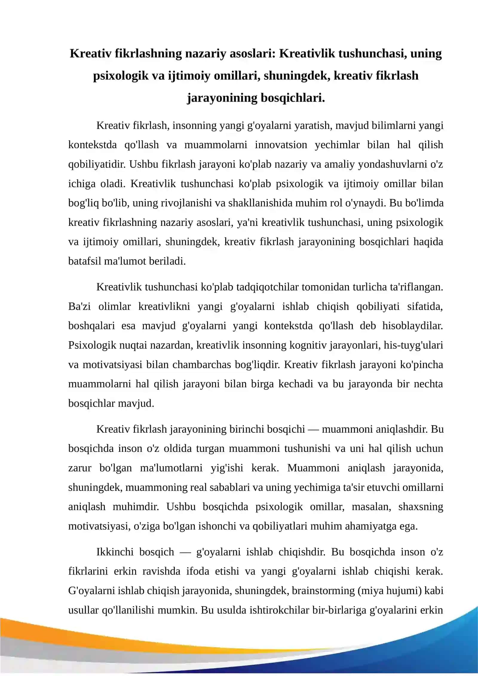 Kreativ fikrlashni rivojlantirish usullari  Nazariy va amaliy yondashuvlar. 2