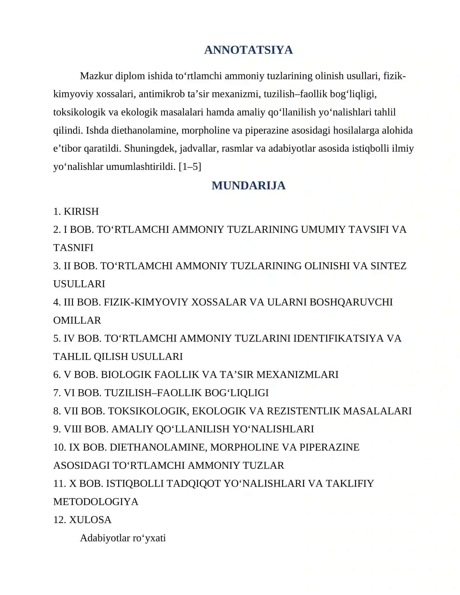 TO‘RTLAMCHI AMMONIY TUZLARI: OLINISHI, FIZIK-KIMYOVIY XOSSALARI, BIOLOGIK FAOLLIGI VA AMALIY AHAMIYATI 2