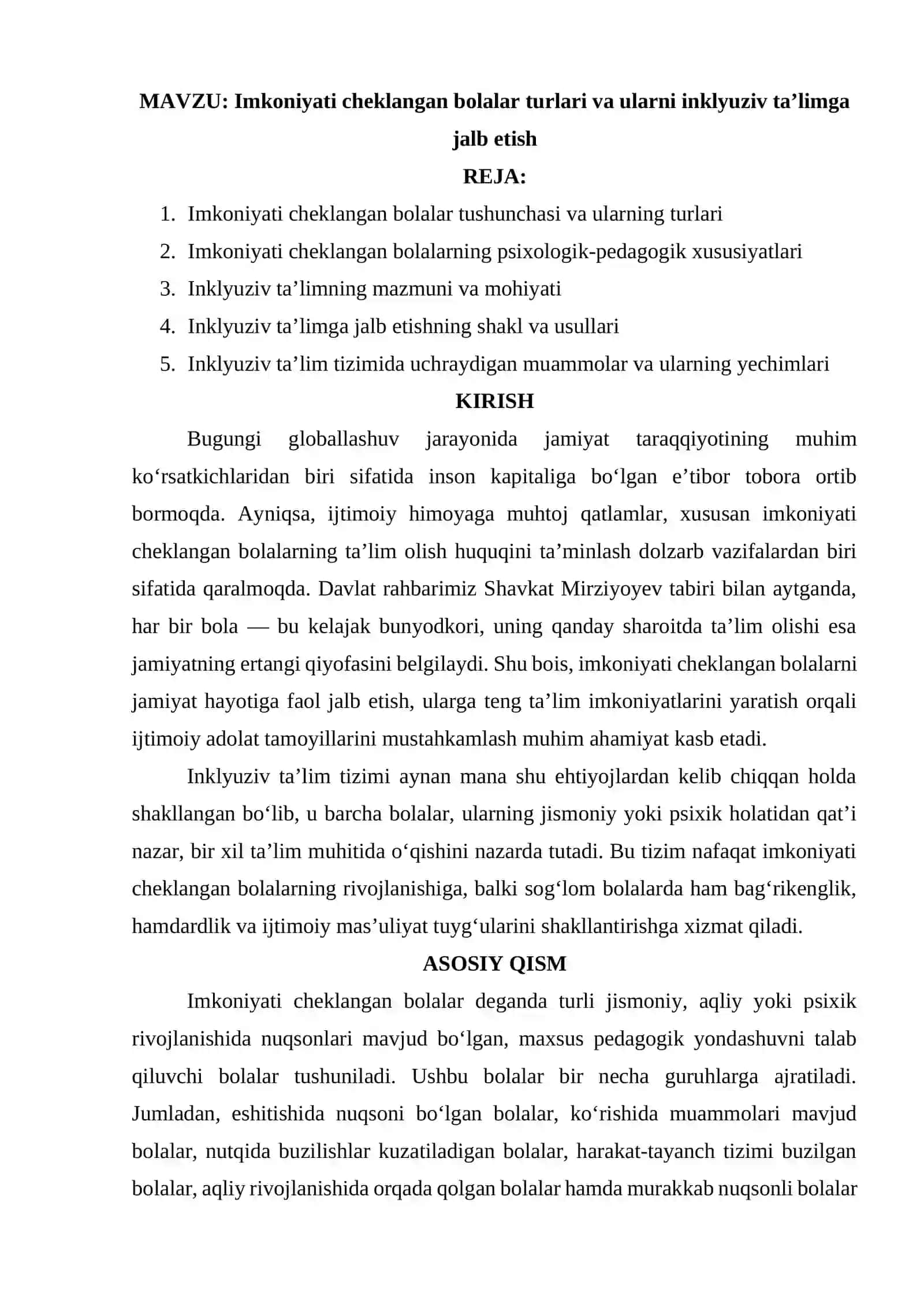 Imkoniyati cheklangan bolalar turlari va ularni inklyuziv ta’limga jalb etish 2