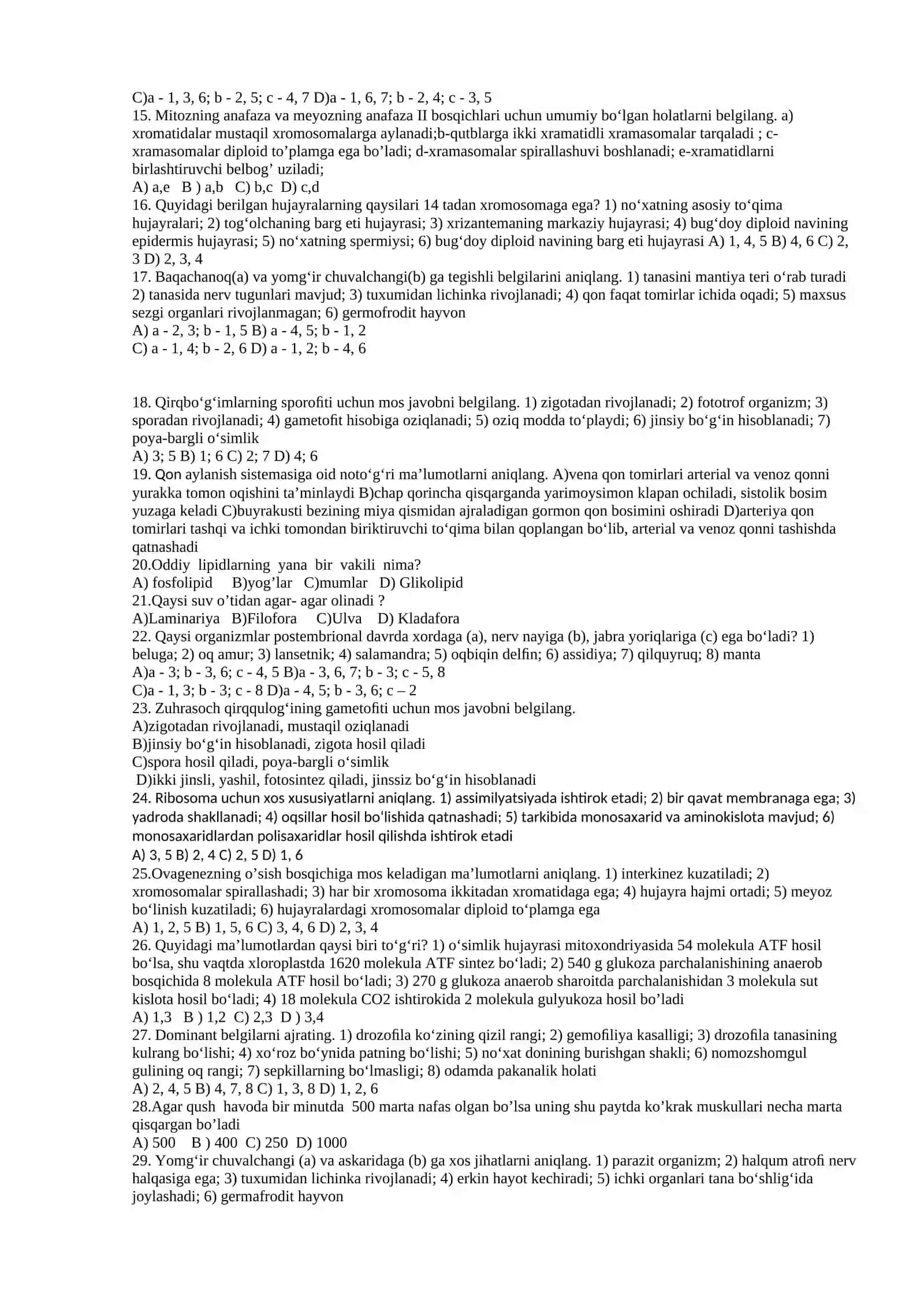 9 sinf Biologiya olimpiada test savollari 1 variant 2