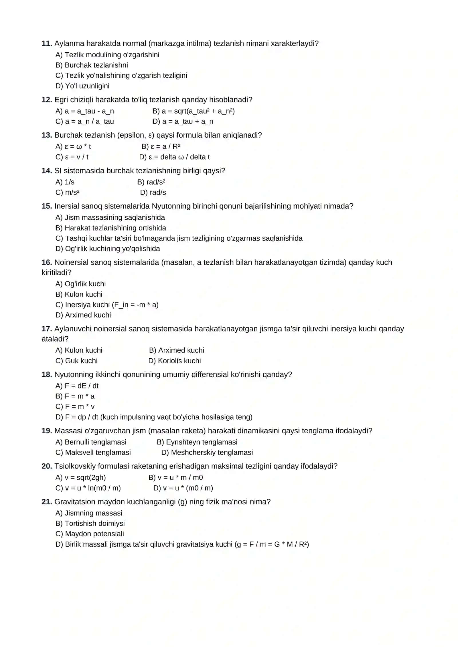 10-SINF FIZIKA FANIDAN TESTLAR TO'PLAMI 2
