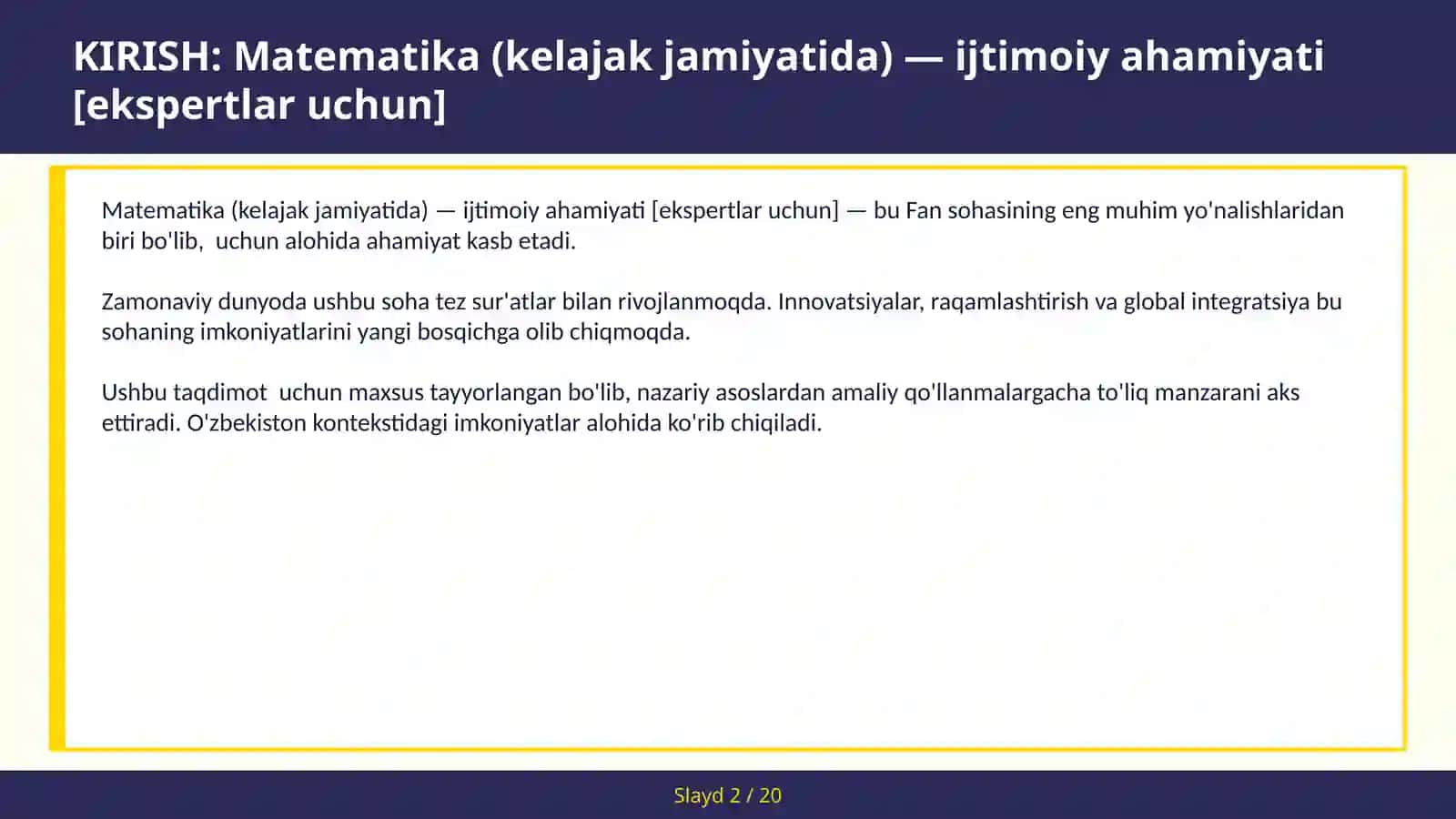 MATEMATIKA (KELAJAK JAMIYATIDA) — IJTIMOIY AHAMIYATI [EKSPERTLAR UCHUN] 2