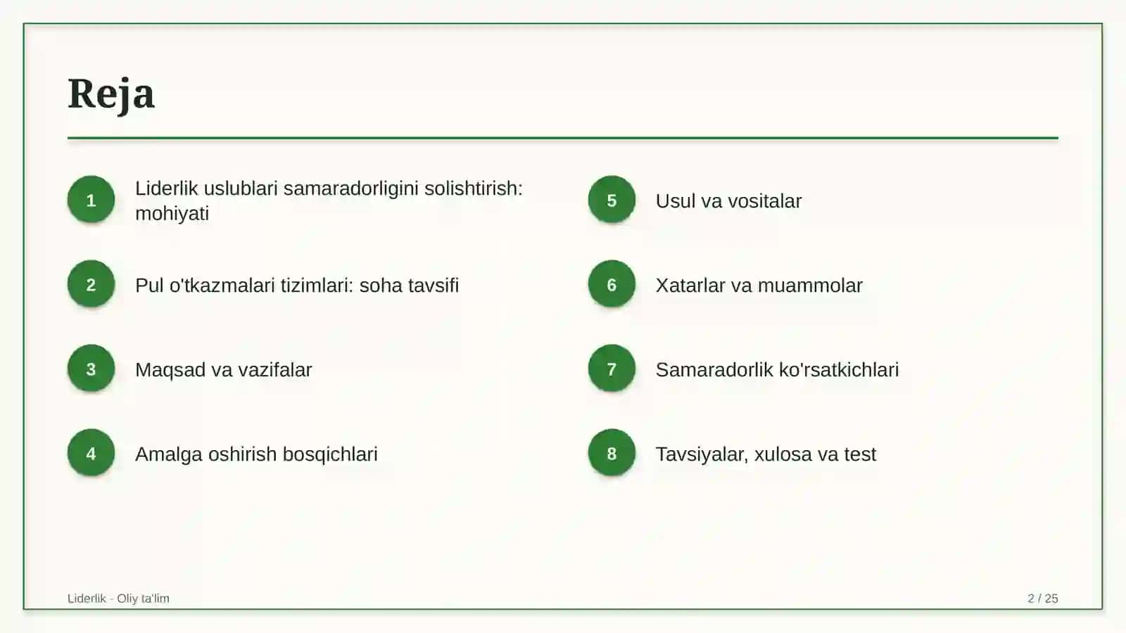 pul o'tkazmalari tizimlarida liderlik uslublarining samaradorligini solishtirish 6573 2