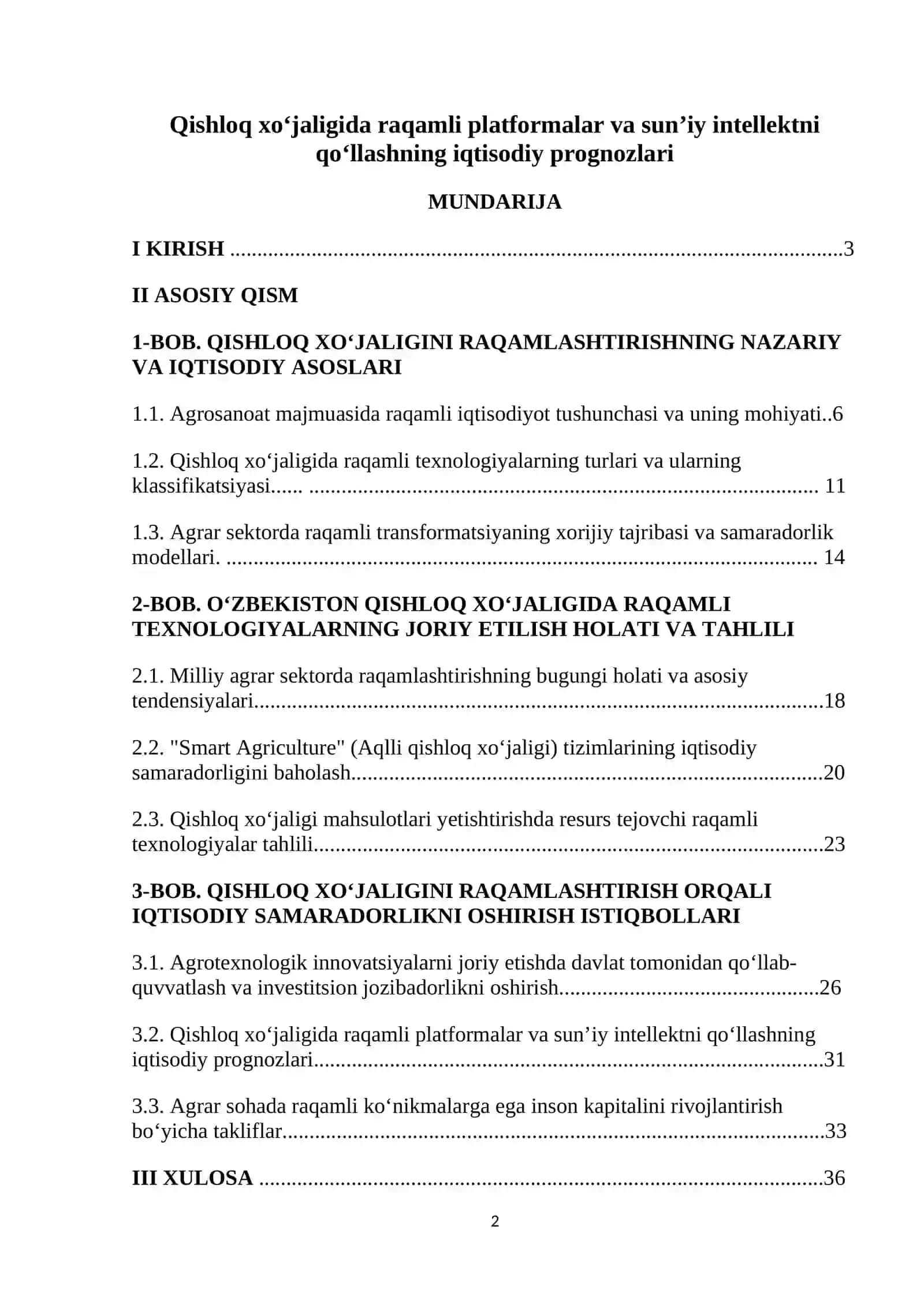Qishloq xo‘jaligida raqamli platformalar va sun’iy intellektni qo‘llashning iqtisodiy prognozlari 2