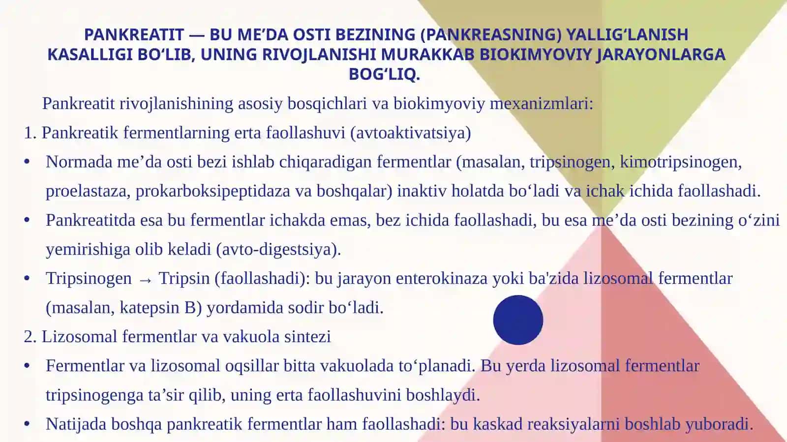 Pankreatitning biokimyoviy asoslari. Davolash va diagnostika tamoyillari 2